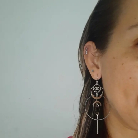 ♡ Exaggerated Punk Style Earrings | Vintage Moon Evil Eye Black Silver Hook Drop - Picture 4 of 7